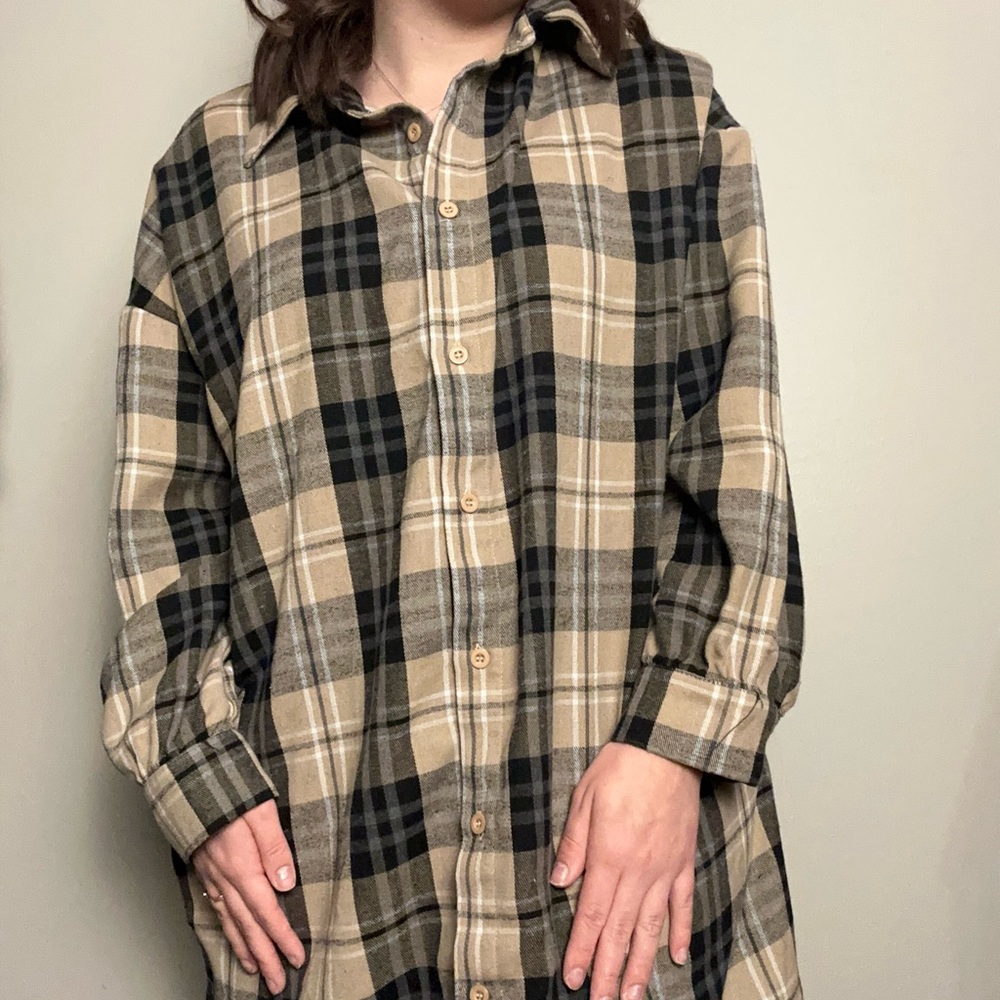 SHEIN Oversized Black and Tan Plaid Button Down Flannel Shirt Size XL